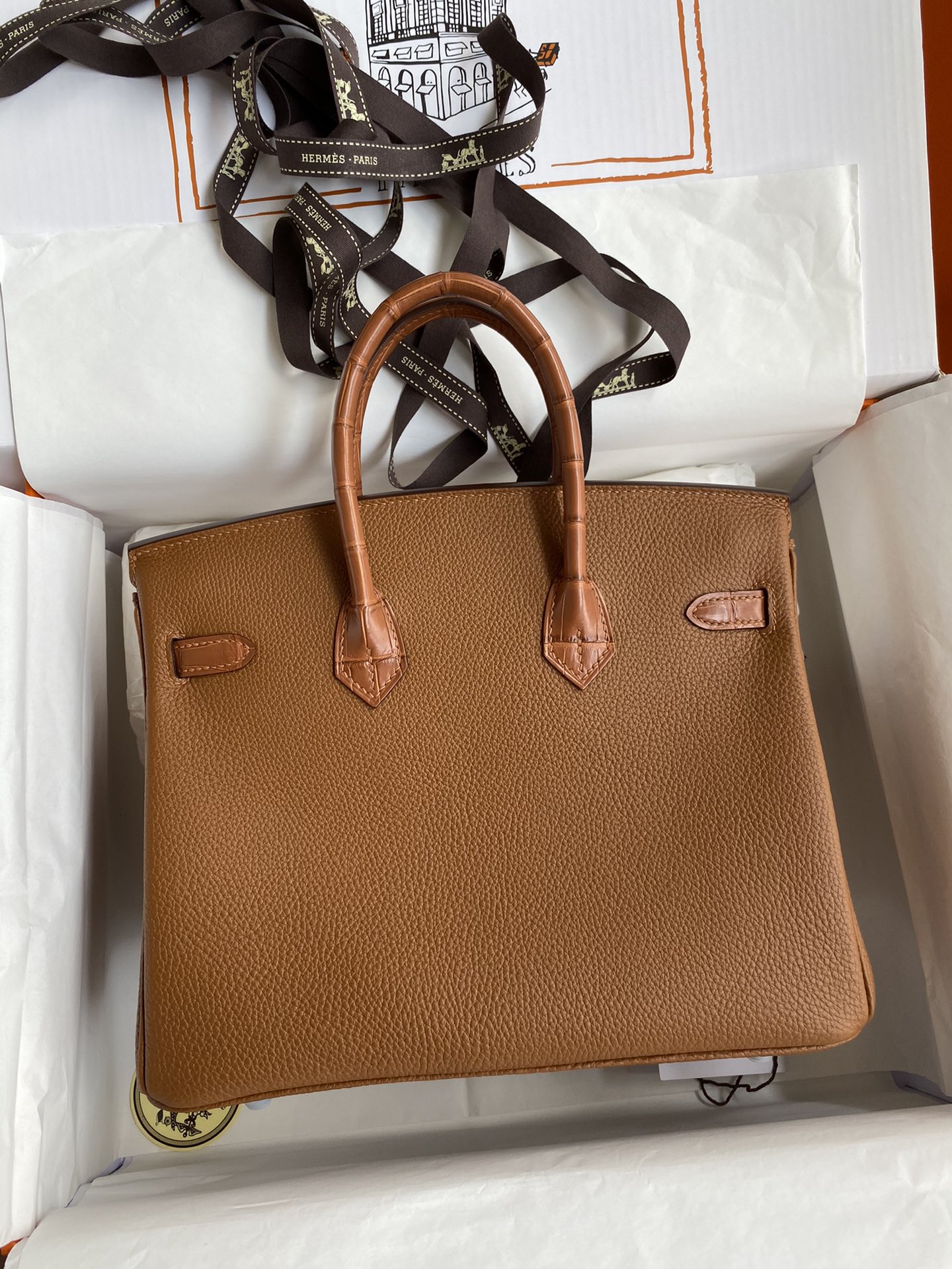 Hermes Touch Birkin 25CM Bag In Caramel Togo and Matte Alligator Crocodile Leather